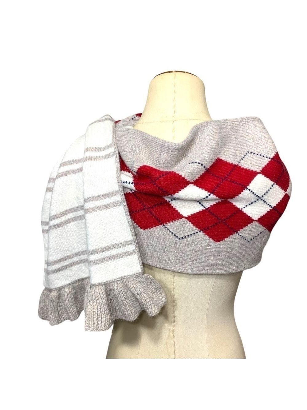 Tommy Hilfiger Knit Scarf Wrap O/S Tan red Scottish Plaid Wool Blend Ruffle Hem - Picture 3 of 13